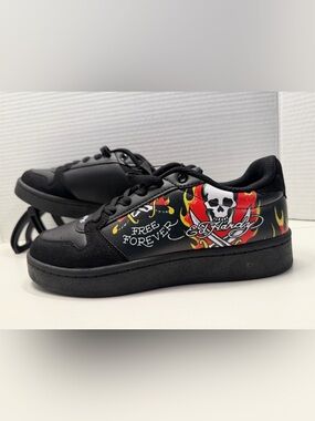 Ed Hardy Skull Flame Sneakers Boys Size 5 Black Tattoo Graphic Faux Leather Shoe